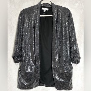C By One, Black Sequin Open Front Slouch Sleeve Blazer, Size S
